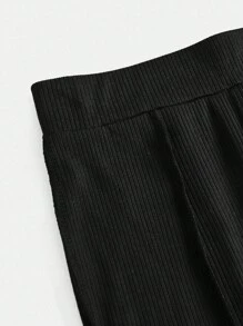 青少年女孩休闲时尚罗纹拼接圆领长袖 T 恤和喇叭裤两件套，适合周末、休闲外出、返校 - 黑色 - 查看 13