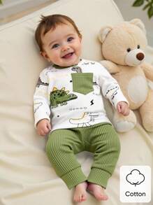 SHEIN 新生男宝宝白坑图案卡通恐龙图案印花拼接绿口袋长袖上衣配绿裤两件套可爱休闲运动时尚新款 - 彩色 - 查看 5