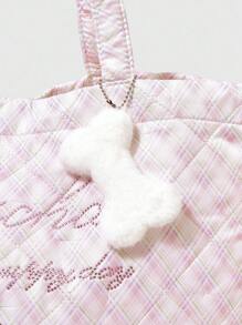 ROMWE Kawaii Stylish Pink Rhombus Pattern Letter & Bow Decor Rhinestone Accented Portable Shoulder/Handbag, Large Capacity Versatile Design Suitable For Holiday, Social, Shopping, Photography - Pink - View 2