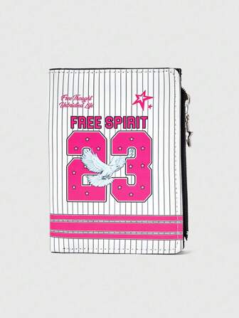 Grunge Punk Fashionable Casual Sports Style 23 Numeral & Letter Color Block Striped Eagle Print Card Case, Multifunctional Multi-Slot Side Zipper Pentagram Decor Wallet, Unisex