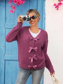 Vivid Eden Suéter de Manga Longa com Laço Decorativo em Cor Sólida para Mulheres, Cardigã Roxo, Cardigã Felpudo, Suéter Roxo, Cardigã Feminino, Cardigã com Laço, Casual para Mulheres, Cardigã com Nó em Laço, Cardigã para Mulheres no Outono e Inverno - Rosa chiclete - Visão 5