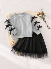 SHEIN Young Girl Fashion Bow Decor Sweatshirt Paired With Tulle Puff Mini Skirt, Elegant, Suitable For Parties And Daily Wear - Light Grey - View 1