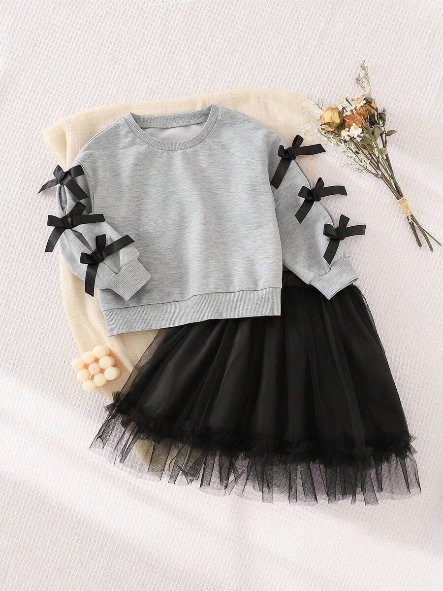 SHEIN Young Girl Fashion Bow Decor Sweatshirt Paired With Tulle Puff Mini Skirt, Elegant, Suitable For Parties And Daily Wear - Light Grey - View 1