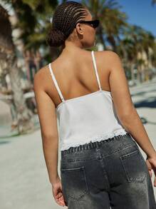 Maija Plus Size Women's White Silky Lace Contrast Tie Front Camisole,Summer Holiday Tropical Beach Tops,Minimalist Boho Casual Festival Rave Wear - White - View 2