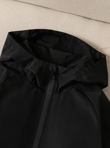 Tween Boy 休闲运动时尚连帽夹克，梭织面料，松紧袖口，前片拼接，宽松版型，舒适，适合春季、秋季、日常穿着、户外、聚会、拍照 - 黑色 - 查看 3