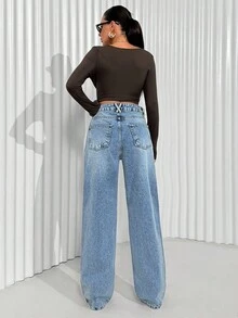 EURMUSE LOW WAIST CASUAL STYLE DENIM STRAIGHT Y2k - Medium Wash - View 2