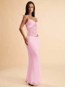 SHEIN BAE 夏季海滩度假纯黑色蕾丝性感透视吊带长裙，适合日常约会、夜间外出、夜总会、派对、聚会、鸡尾酒会、泳池派对、返校季服装、学校季连衣裙、节日连衣裙女士连衣裙 - 淺粉色 - 查看 6