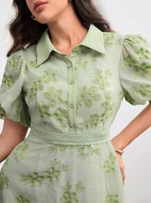 Modelyn 大码翻领腰部抽绳刺绣绿色连衣裙 - 綠色 - 查看 2
