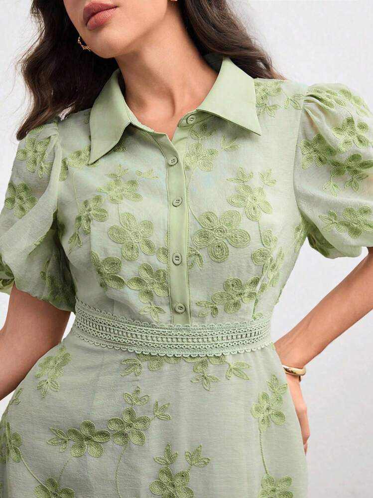 Modelyn Plus Size Turndown Collar Waist Drawstring Embroidered Green Dress - Green - View 2