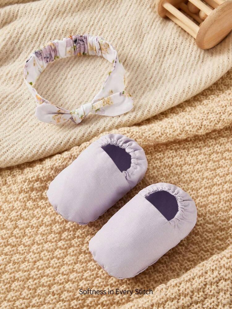 Cozy Pixies 2pcs/Set Baby Purple Bow Headband And Floral Socks Booties Set (1 Pair Booties + 1 Headband), Suitable For Newborns, Can Be Used As Gift Set - Multicolor - View 1