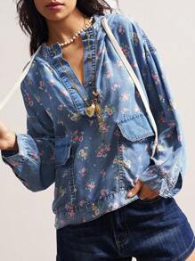 Bohemela 大码休闲复古碎花连帽衫 - 藍色 - 查看 6