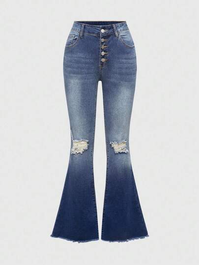 ROMWE Grunge Punk 女式 Y2K 复古做旧喇叭牛仔裤（带口袋）