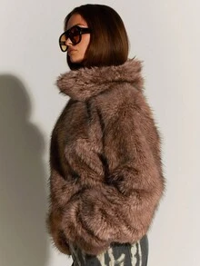 Athîral Women's Mocha Faux Fur Regular Jacket | Cloud-Soft Faux Fur Fabric, Cropped Relaxed Fit, Sculpted Lapel Collar, Long Sleeves, Ultra-Plush Texture, Minimalist Luxe Details For Effortless Fall And Winter Layering,Women's Winter Coat,New Year Clothes ,Stand Collar Fur Jumper, Winter Warm, Stylist, Fur Coat, Brown Jacket Women, Women Winter Clothes - Brown - View 5