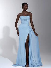 Elegant Dusty Pink Bandeau Ruched Waist Fishtail Mesh Ruffle High Slit Side Draped Maxi Dress, Suitable For Spring/Summer Dating, Vacation, Party, Wedding, Graduation, Formal Occasion - Baby Blue - View 4