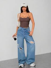 SHEIN PETITE Women's White Tight Round Neck Breathable Basic Camisole Women's Tops Braless Tank Tops - Brown - View 3