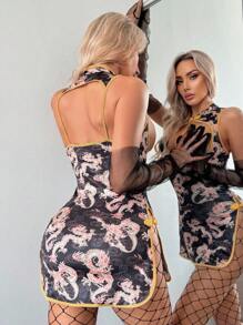 SHEIN 3件套性感印花镂空开衩女士情趣睡衣，外出