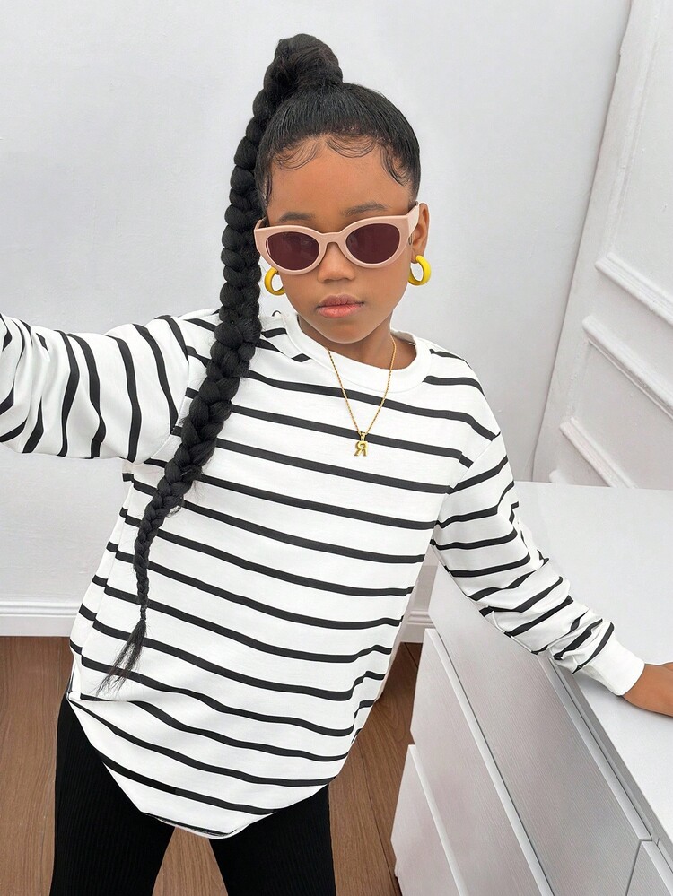 青少年女孩休闲条纹圆领套头衫 - 黑與白 - 查看 2