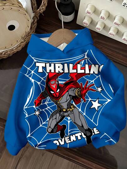 SHEIN 男童秋季新款，街头风蜘蛛卡通图案，蓝色，休闲宽松舒适日常针织长袖卫衣，适合秋冬季节穿着。