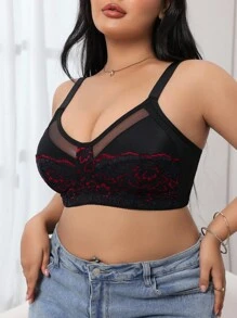 SHEIN Plus Size Floral Applique Mesh Patchwork Sexy Camisole Bra - Multicolor - View 4