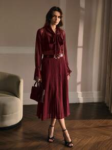 MOTF PREMIUM Plissierter Midi-Pullover-Rock für Herbst & Winter - Bordeaux - Übersicht 4