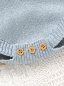 SHEIN 1 件蓝色男婴连体衣，可爱小狗提花图案，圆领长袖连体衣