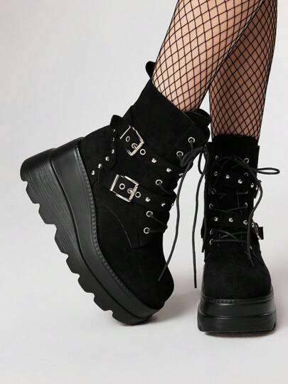 Goth Damen Herbst/Winter 2024 Neue Ankle Boots mit rundem Zehenbereich, schwarzer Punk-Schnalle und dicker Sohle