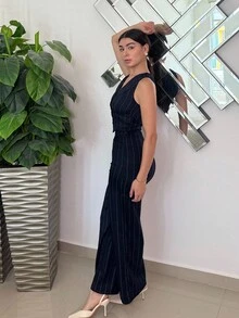 Andrea Bello 宽松条纹背心西装裤套装，海军蓝女士西装两件套，办公室女装套装，复古款，两件套，轻松时尚必备，办公室女士，商务装，教师装，秋季女装两件套 24 FW - 彩色 - 查看 5