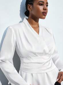 Maija Plus Size White Satin Blouse Long Sleeve Top,Women's Elegant Silky Summer Dinner Commuter Wear,Business Casual Autumn,New Year Party,Date,Graduation - White - View 7