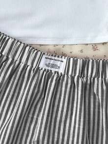 SHEIN Teen Girls Cute/Sweet, Clean Girl Black & White Bow Ribbed Camisole, Striped Shorts Set/Back-To-School Outfit, Cute, Holiday Family Outdoor Spring Picnic Everyday Wear, Suitable For Various Occasions Teen Summer Clothes Set Girls Ribbed Set Cute Sets Teen Girl Short Sets With Tank Top 2 Piece Short Set - Black and White - View 5