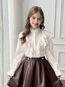 SHEIN بلوزة أنيقة وناعمة بأكمام واسعة مزخرفة بالجاكار ذات طوق عالي مع كشكشة، لون المشمش، مناسبة للارتداء اليومي والعودة للمدرسة - لون مشمشي - مشاهدة 3