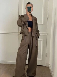 DAZY 女士休闲纯色短款外套和阔腿裤套装，秋季女装商务装 - 咖啡棕 - 查看 3