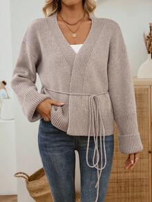 EMERY ROSE Women's Ribbed Knitted Tie-Waist Long Sleeve Cardigan, Tie Front Knitted Cardigan Winter Going Out - Khaki - View 4