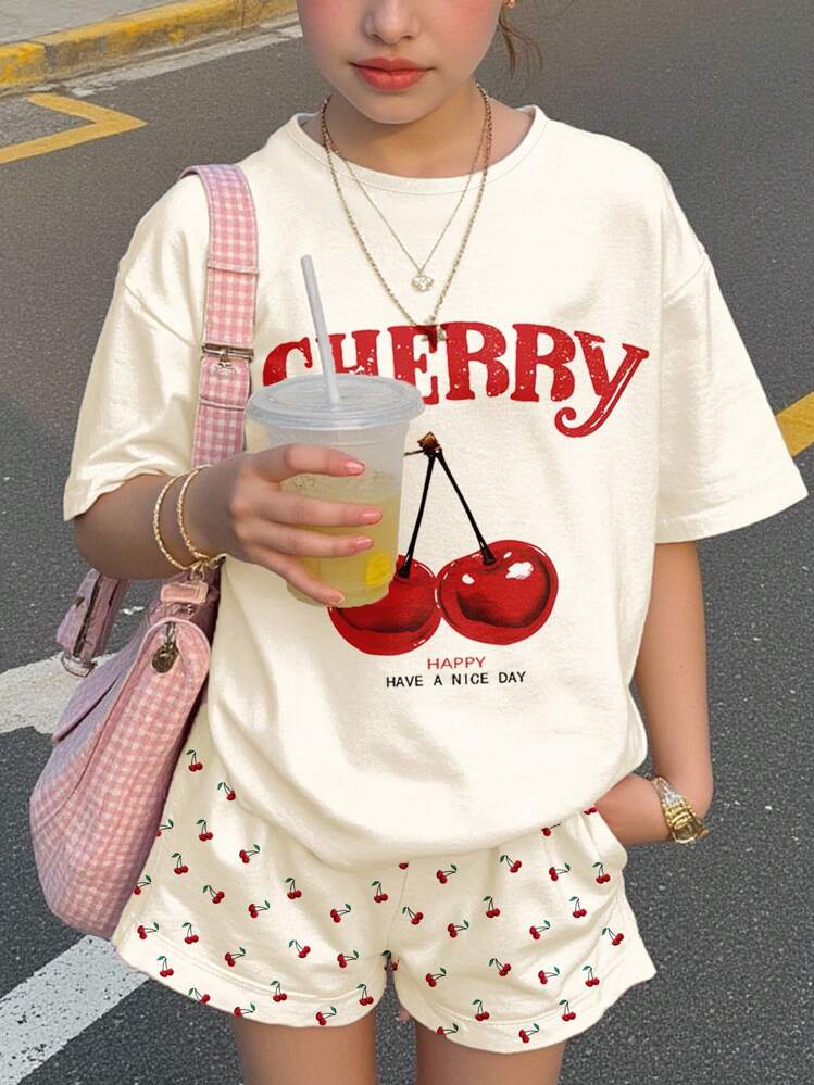 SHEIN 2pcs/Set Cream White Vintage Mini Cherry Pattern Tween Girl Casual Minimalist Short Sleeve Round Neck T-Shirt And Shorts Set, Summer Outfits For , Easy Comfort, Stylish Kids, Casual Wear, Kids Graphic Clothes, Back To School, Fall Clothes Cherry Clothes Cherry T Shirt Cherry Shorts Teen Girl Summer Clothes - Multicolor - View 4