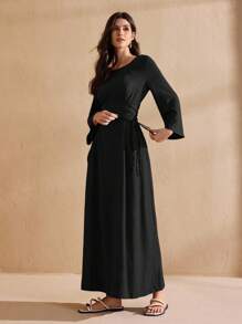 Graceveil Vestido de manga larga de cuello redondo de uso diario minimalista de unicolor para mujer - Negro - Ver 6