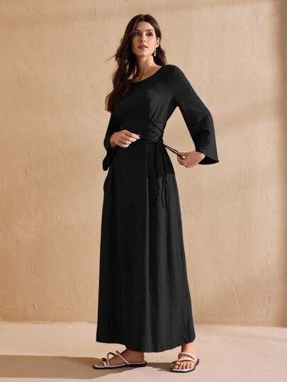 Graceveil Women's Solid Color Minimalist Daily Wear Round Neck Long Sleeve Dress