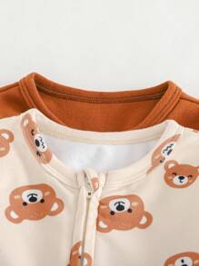 Cozy Pixies Conjunto de 2 peças de Macacão e Calça de Manga Longa com Gola Redonda em Tricô Macio com Estampa de Urso Cartoon para Bebê Recém-Nascido Menino/Menina