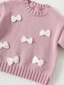 Cozy Pixies Baby Girl Colorblock Bow Decor Crew Neck Long Sleeve Pullover Sweater, Versatile & Comfortable,In Fall/Winter - Multicolor - View 4