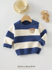 Cozy Pixies Baby Boy Cartoon Bear Striped Pattern Crew Neck Long Sleeve Sweater,In Fall/Winter