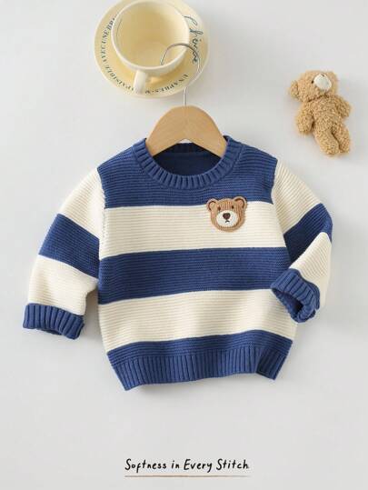 Cozy Pixies Áo len dài tay cổ tròn họa tiết sọc gấu hoạt hình cho bé trai