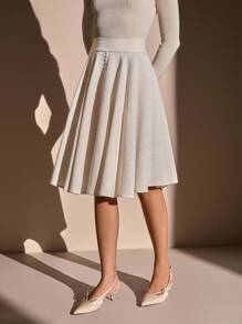 CLARA VERO Women's Ecru Tweed Good Quality Pleated Long Skirt - Beige - View 4