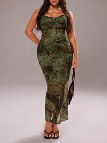 Rustia Plus Size Spaghetti Strap Front Knot Mesh Backless Split Dress - Multicolor - View 6