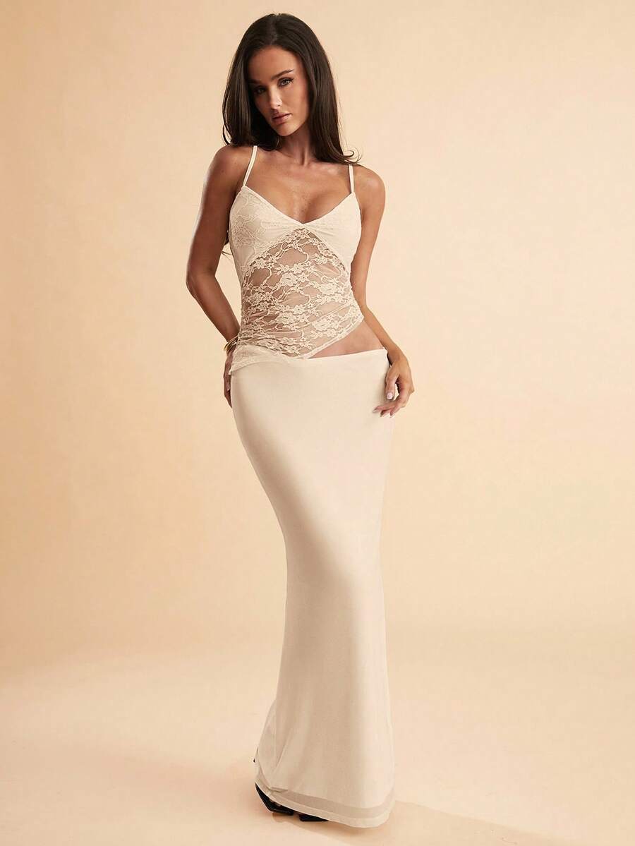 SHEIN BAE 夏季海滩度假纯黑色蕾丝性感透视吊带长裙，适合日常约会、夜间外出、夜总会、派对、聚会、鸡尾酒会、泳池派对、返校季服装、学校季连衣裙、节日连衣裙女士连衣裙 - 杏色 - 查看 1