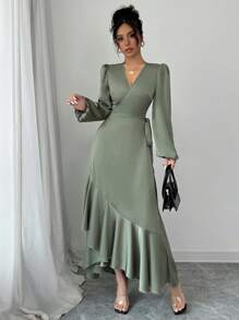 Elenzga 1 件优雅女式连衣裙，采用闪亮面料，交叉荷叶边侧系带细节，荷叶边下摆缎面连衣裙长款女装 - 綠色 - 查看 4