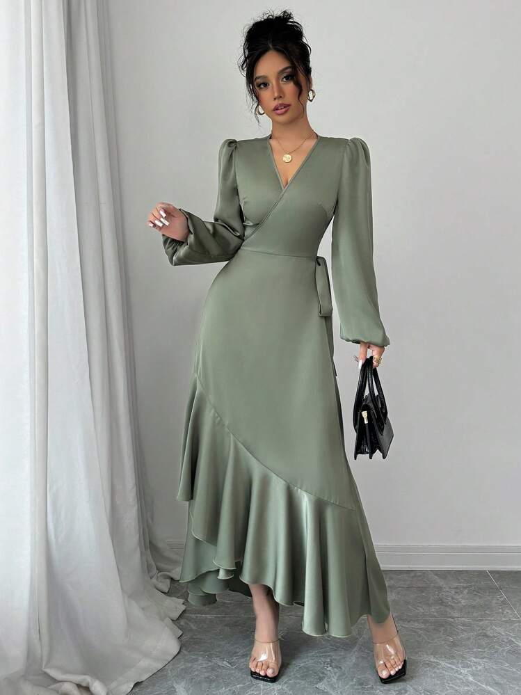 Elenzga 1 件优雅女式连衣裙，采用闪亮面料，交叉荷叶边侧系带细节，荷叶边下摆缎面连衣裙长款女装 - 綠色 - 查看 4