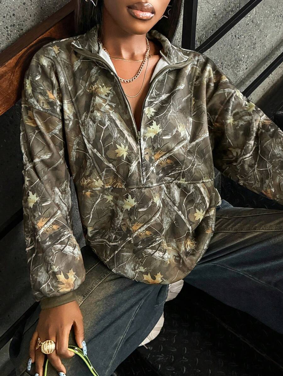 INAWLY 休闲宽松拉链立领植物图案女式卫衣，长袖上衣，适合毕业季、教师节、返校季等场合，秋季新款 - 軍綠色 - 查看 1