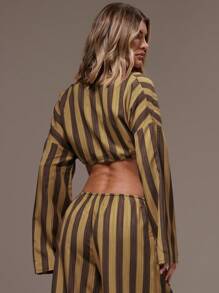 MUSERA 女士条纹系带长袖上衣，夏季度假海滩伊比沙岛春季款 - 棕色 - 查看 2