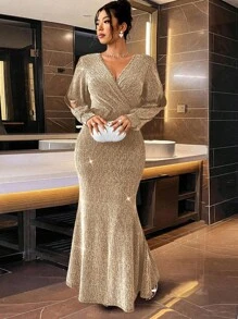 Rometta Shimmering Yellow Knitted Long Party Dress For Women With Bodycon Fit And Zipper Detail Gold Glitter Gown Gold Maxi Dress Sparkly Gold Dress Long Sleeve Glitter Dress Gold Formal Dress Fall Cloth For Women - Yellow - View 1