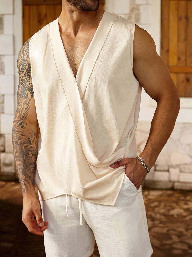 ResortEase Plus Size Men's Solid Color Wrap Around Casual Top For Holiday - Apricot - View 5