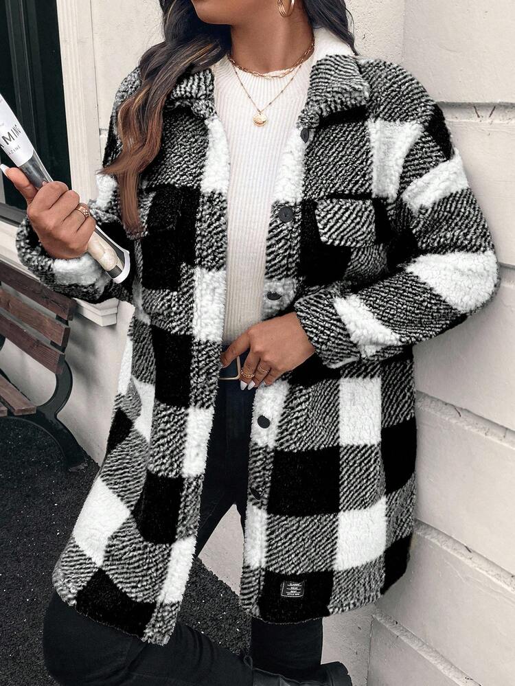 SHEIN LUNE Double-Sided Fuzzy Plaid Printed Front Button Long Sleeve Plus Size Jacket Winter Clothes Shackets For Women Checkered Shacket Buffalo Check Shacket Flannel Shacket Women Winter Shacket,Fall Clothes For Women Autumn Flannels For Women Checkered Clothes Fall Clothing For Women Winter Outfits For Women - Black and White - View 7
