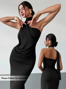 Firerie 女式摩卡棕色不对称喇叭袖宽松连衣裙，时尚长裙，春夏服装，适合通勤、优雅、性感、度假、海滩、波西米亚、夏威夷、音乐节、派对、工作服、秋季婚礼宾客礼服、黑色连衣裙优雅优雅、派对礼服 - 黑色 - 查看 1